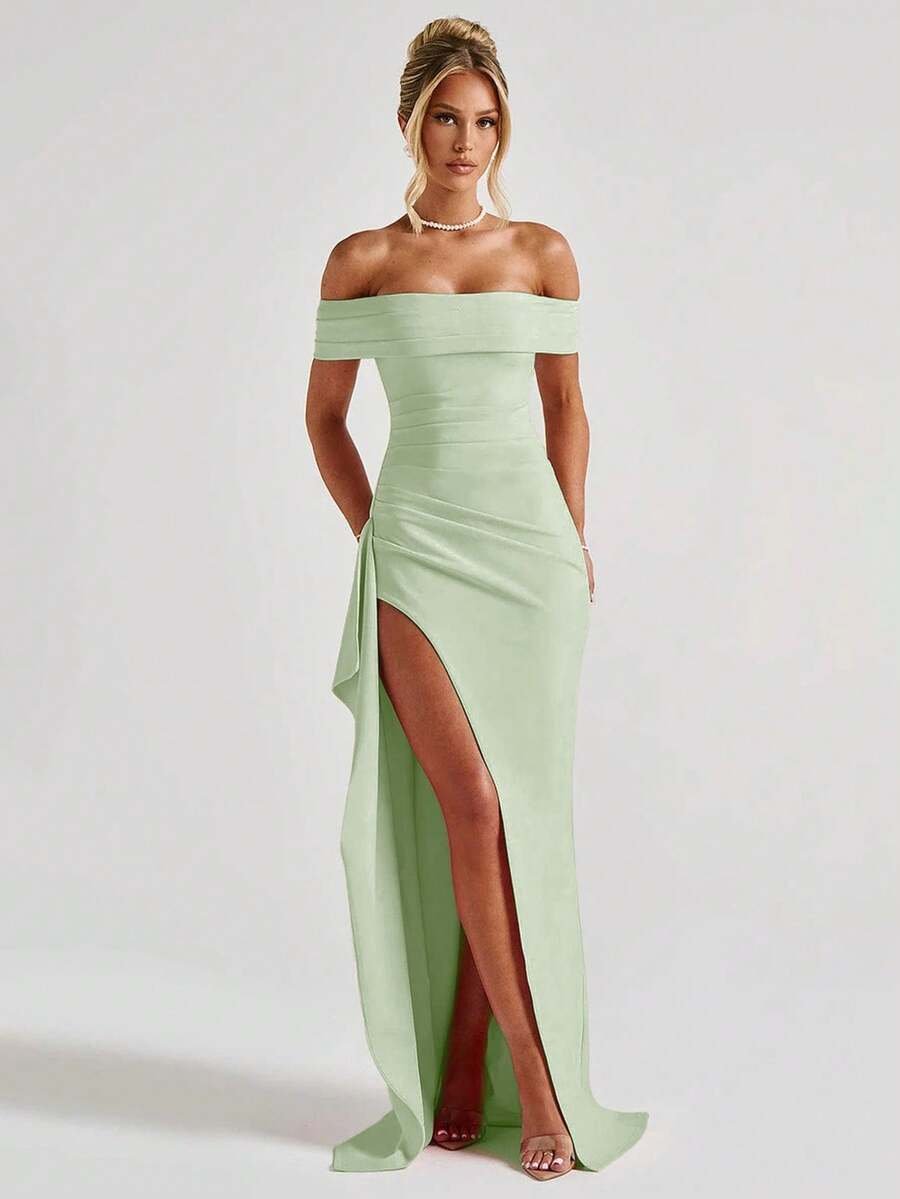 ÉLORIA – Off-Shoulder Bodycon Maxi Dress with Slit Mint Green