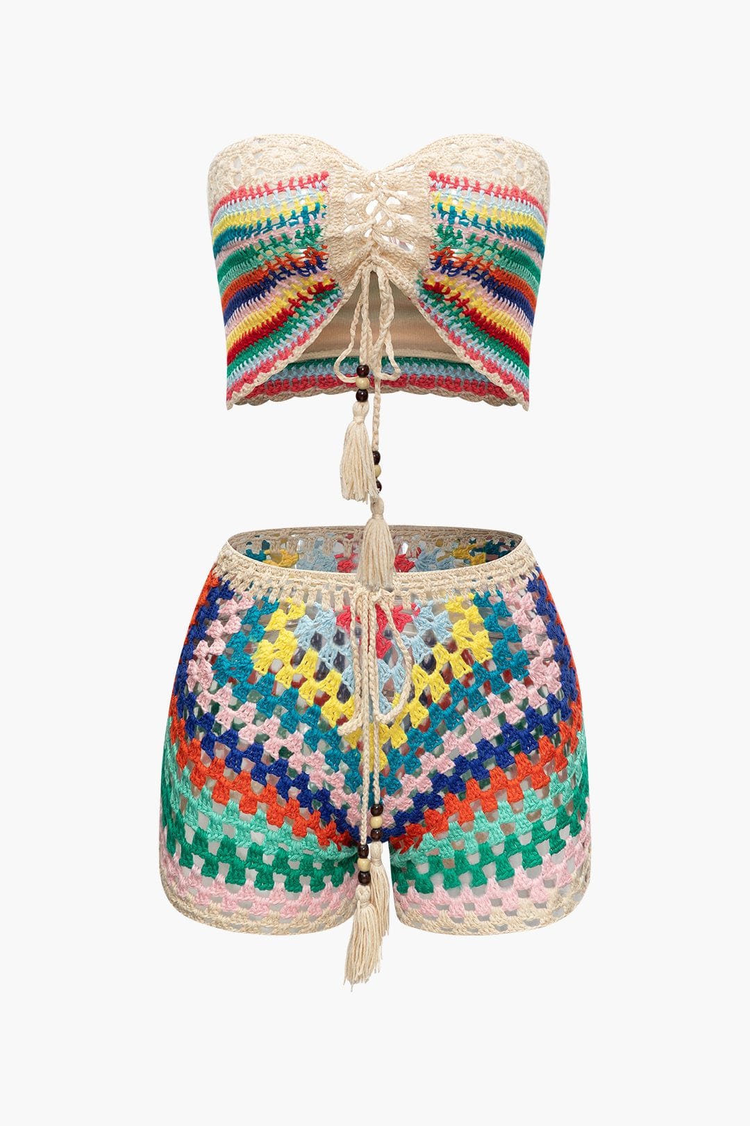 Boho Knit Bustier and Shorts Set in Beige for Summer Beach