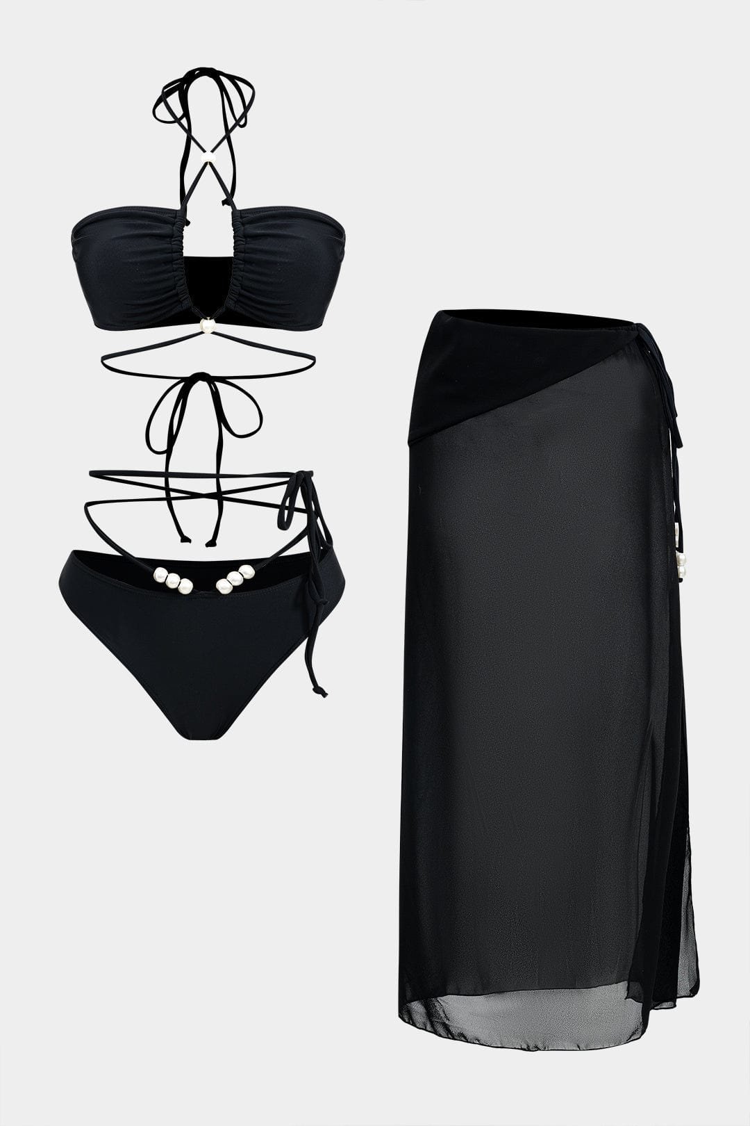 Three-Piece Bikini Set in Black with Wrap Sarong Cover-Up