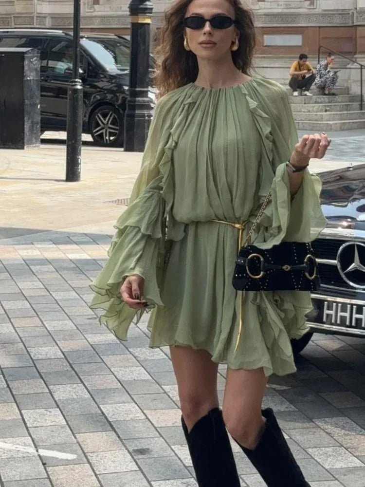 Chiffon Pleated Mini Dress in Olive for Women Summer Outings