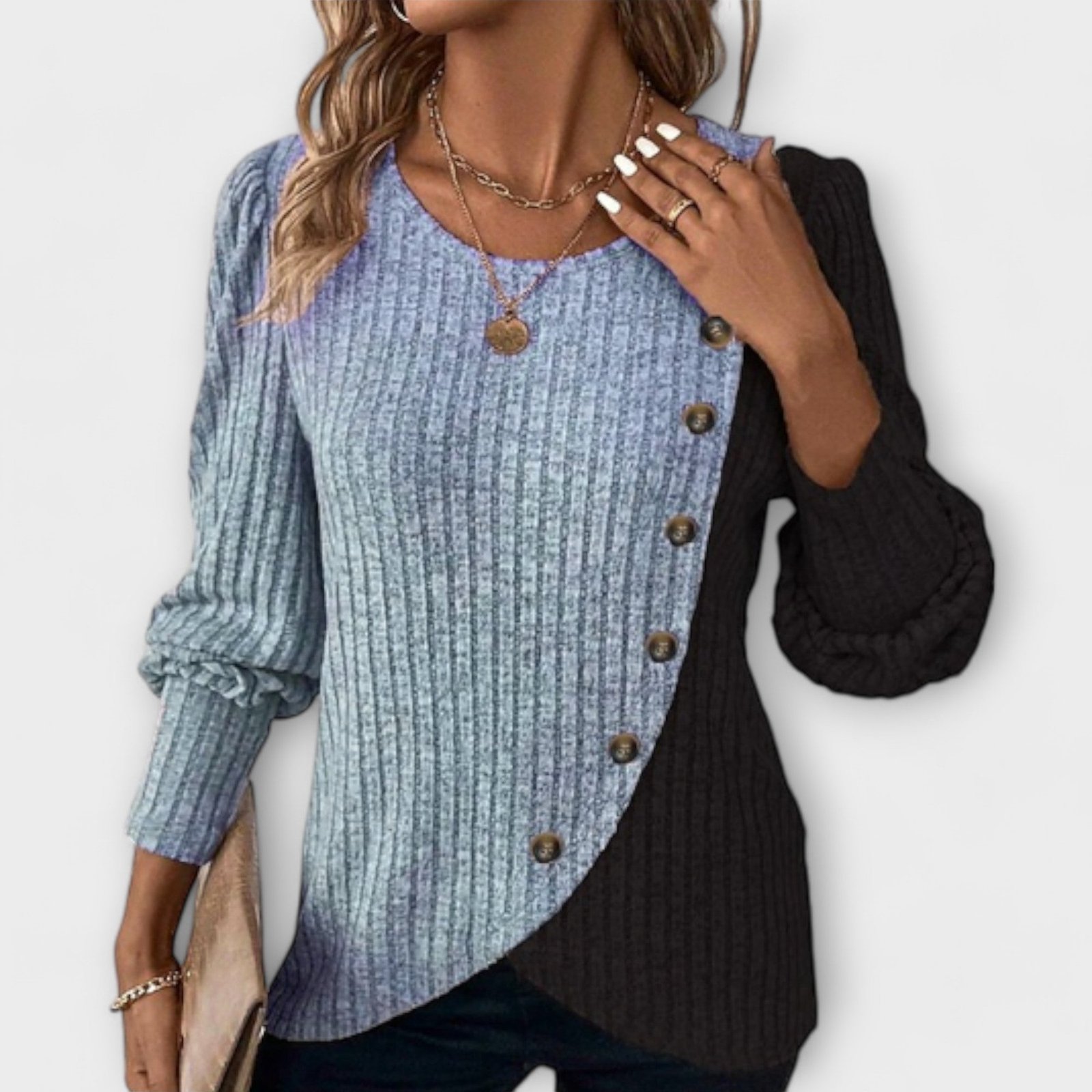 Color Block Ribbed Knit Top with Button Detail for Women