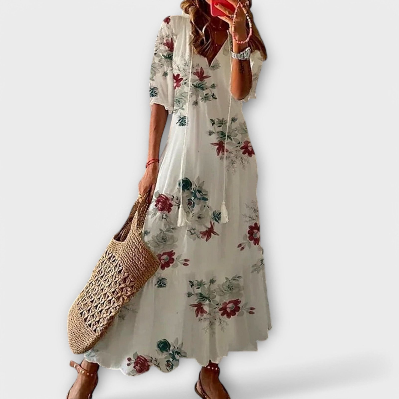 Sky Blue Ikat Damask V-Neck Tiered Maxi Dress